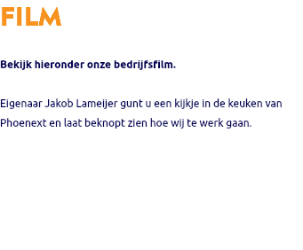 FILM Bekijk hieronder onze bedrijfsfilm. Eigenaar Jakob Lameijer gunt u een kijkje in de keuken van Phoenext en laat beknopt zien hoe wij te werk gaan.